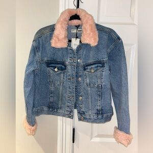 Topshop Blue Jean Jacket with Pink Faux Fur Trim
